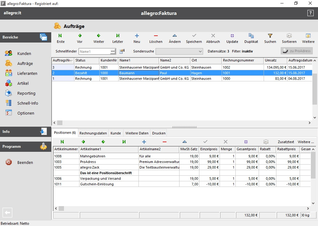 Screenshot vom Programm: allegro:Faktura