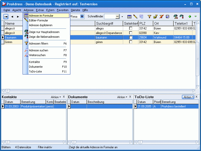 Screenshot vom Programm: ProAdress/CRM