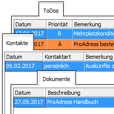 ProAdress Kontakte, Dokumente, ToDos